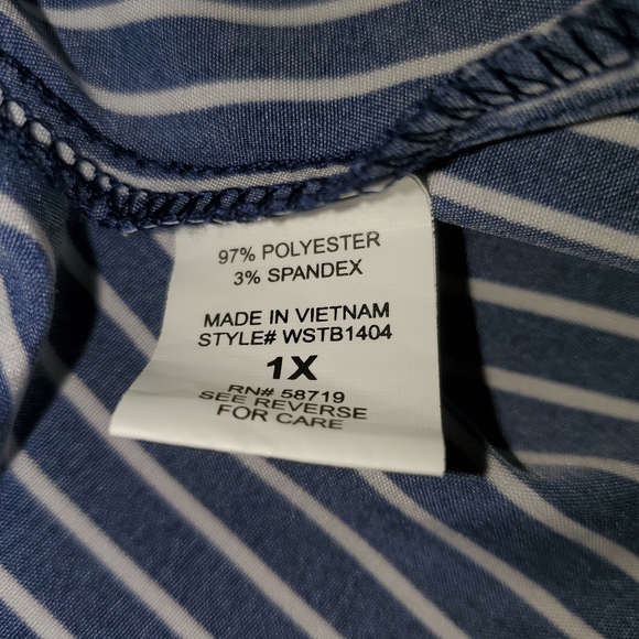 Notations Woman Roll Tab Sleeve Striped Button Down, Size: 1X, Navy & White - Picture 6 of 12